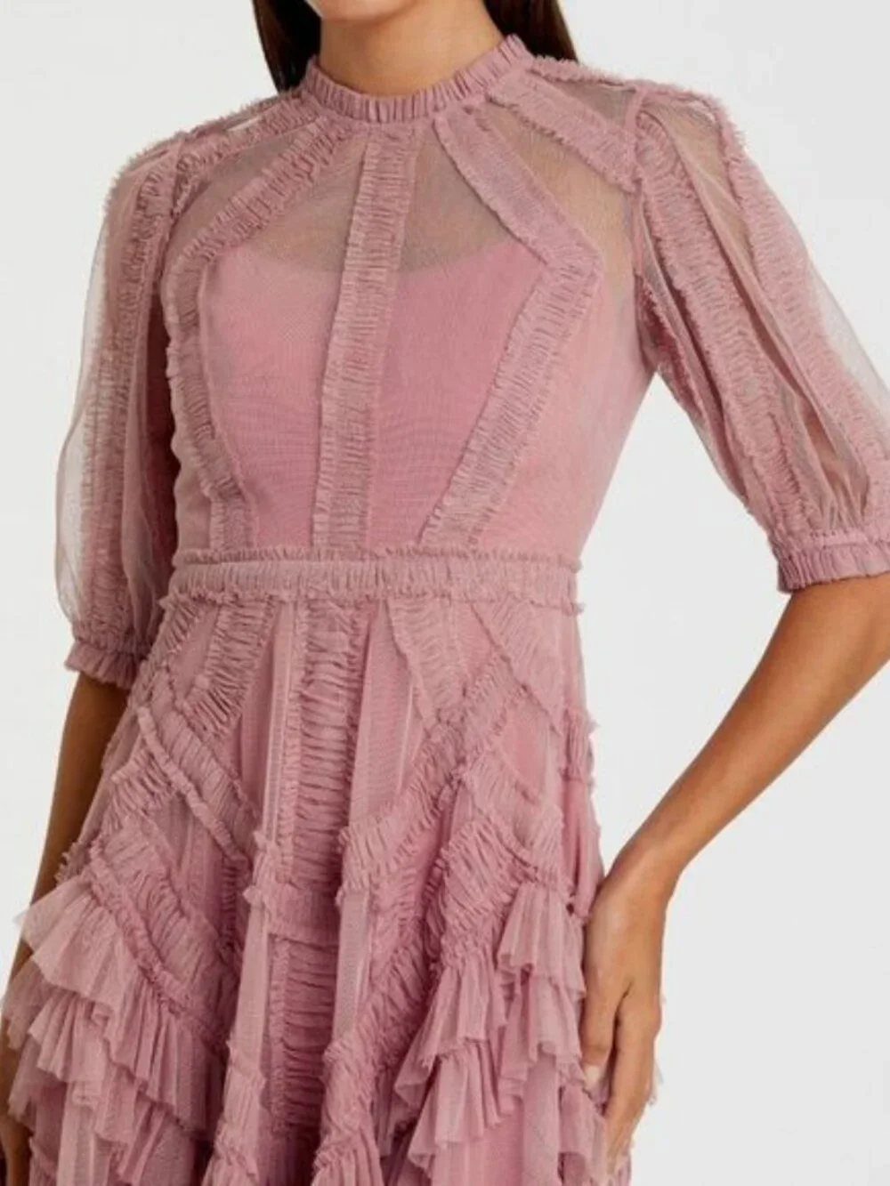 Anthropologie Mac Duggal 8058 Pink High Neck Micro Ruffle Tiered Midi Dress - Picture 5 of 6